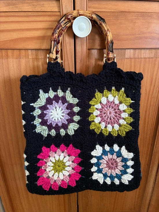 Handbags - Handmade Black Crochet Tote Bag with Multicolor Floral Squares